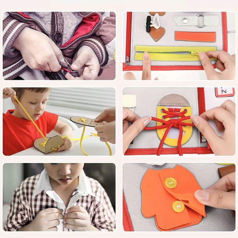 Dziecko ćwiczy zapinanie zamka błyskawicznego na tablicy edukacyjnej Junior Spryciula i Juniorka Mądrulka